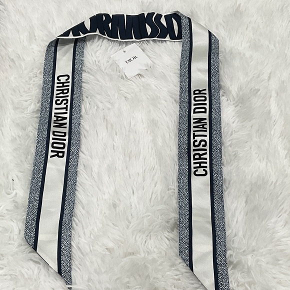 Dior Accessories - Dior Slim Logo Silk Scarf Tie - White & Navy
